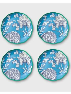 ROLLER RABBIT NWT 4pc Floral Vines Melamine Dinner Plates Blue